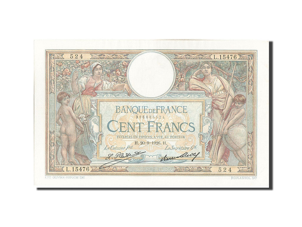Banknote, France, 100 Francs, 100 F 1908-1939 ''Luc Olivier Merson'', 1926