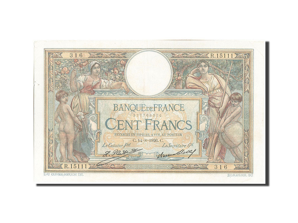 France, 100 Francs, 100 F 1908-1939 ''Luc Olivier Merson'', 1926, KM #78b,...