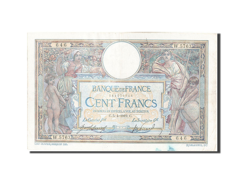 France, 100 Francs, 100 F 1908-1939 ''Luc Olivier Merson'', 1919, KM #71a,...