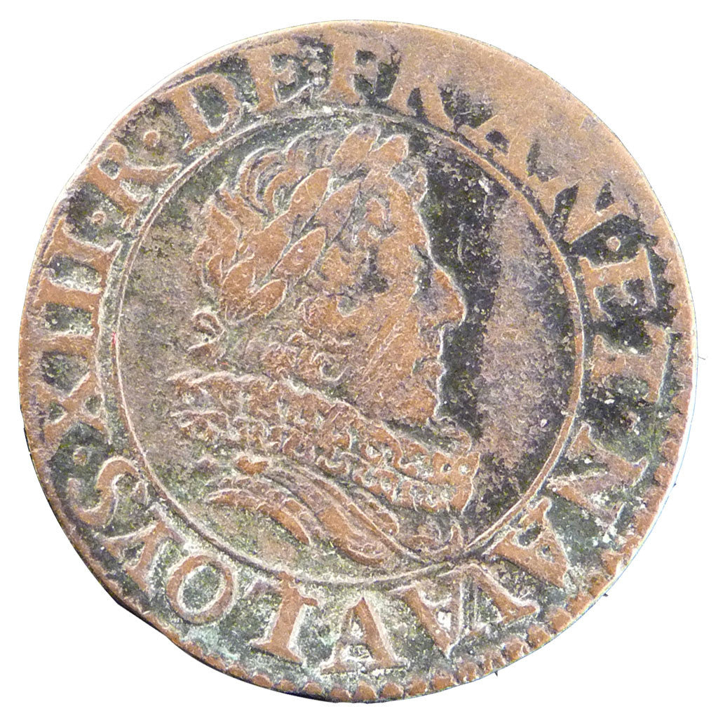 Francia, Louis XIII, Double tournois, buste juvénile au col fraisé , Double...