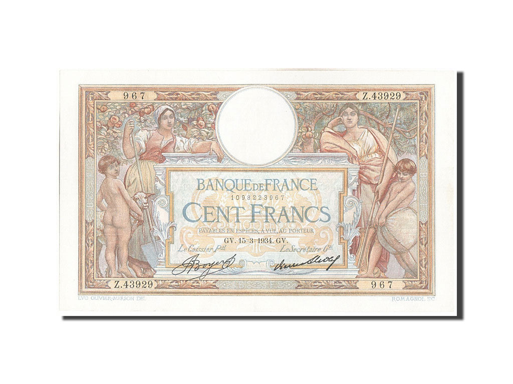 Banknote, France, 100 Francs, 100 F 1908-1939 ''Luc Olivier Merson'', 1934
