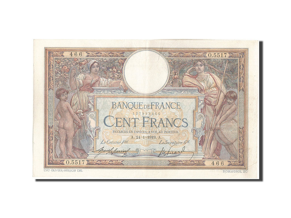 Banknote, France, 100 Francs, 100 F 1908-1939 ''Luc Olivier Merson'', 1919