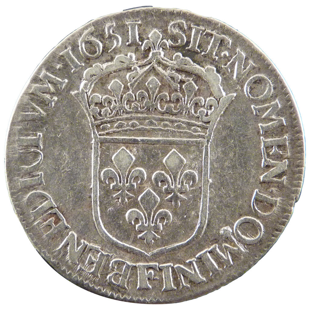 FRANCE, 1/2 Écu à la mèche longue, 1/2 Ecu, 1651, Angers, VF(30-35), Silver, Gad