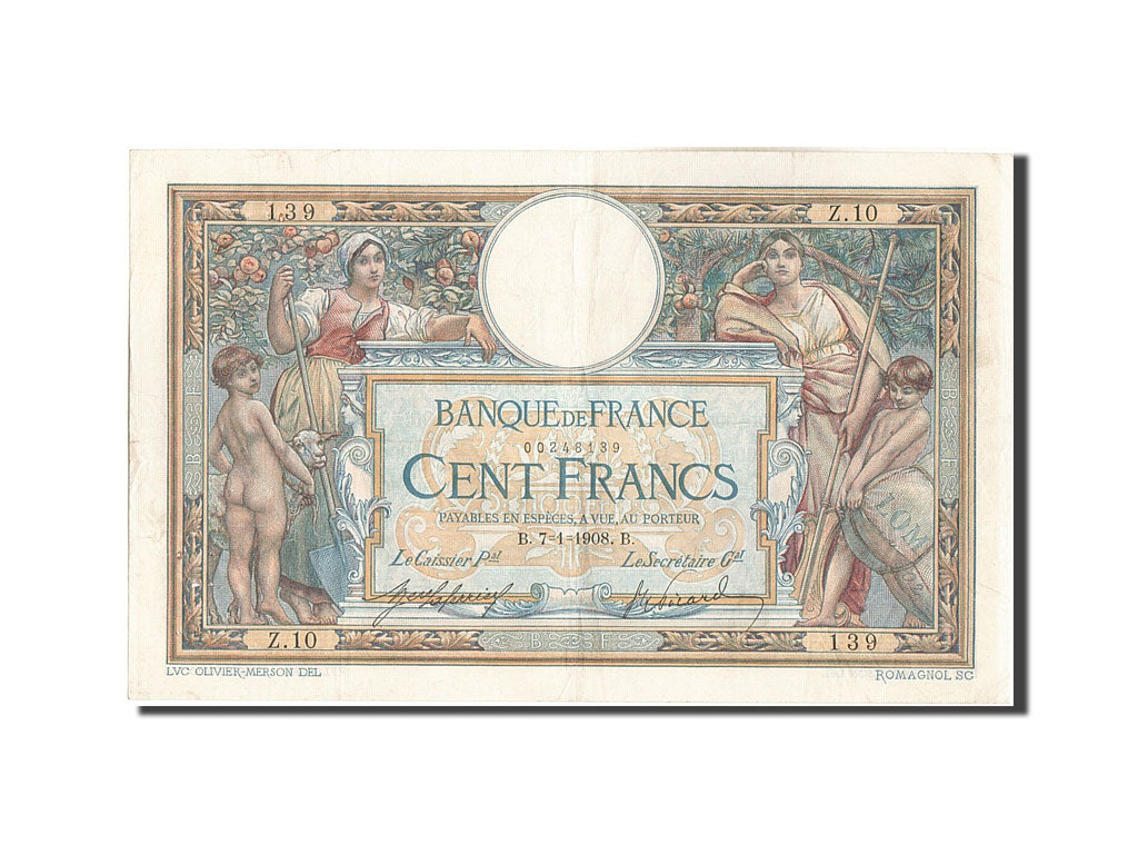 Francia, 100 Francs, 100 F 1908-1939 ''Luc Olivier Merson'', 1908, KM:69, 190...