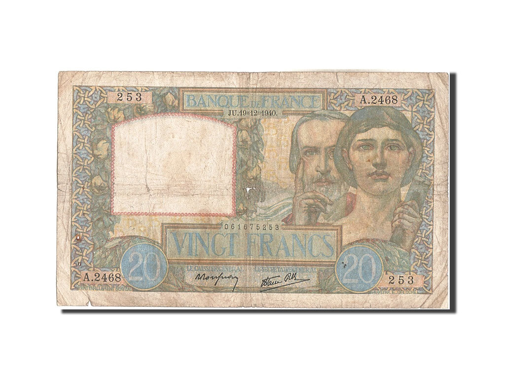 France, 20 Francs, 20 F 1939-1942 ''Science et Travail'', 1940, KM #92b,...