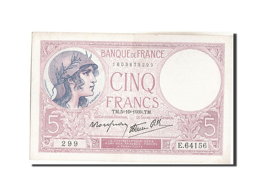 Billet, France, 5 Francs, 5 F 1917-1940 ''Violet'', 1939, 1939-10-05, TTB+
