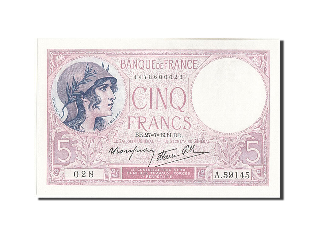 Billet, France, 5 Francs, 5 F 1917-1940 ''Violet'', 1939, 1939-07-27, NEUF