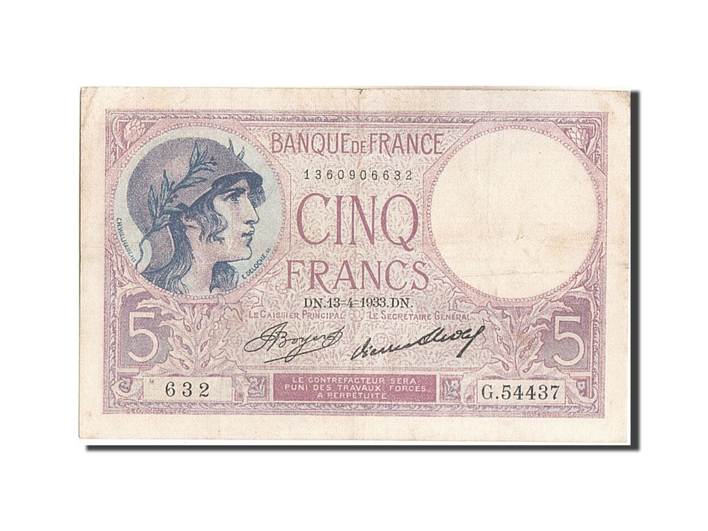 Banconote, Francia, 5 Francs, 5 F 1917-1940 ''Violet'', 1933, 1933-04-13, BB