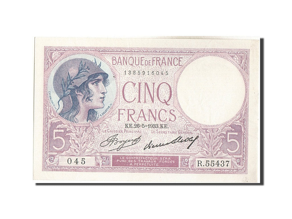 Billet, France, 5 Francs, 5 F 1917-1940 ''Violet'', 1933, 1933-05-26, SUP