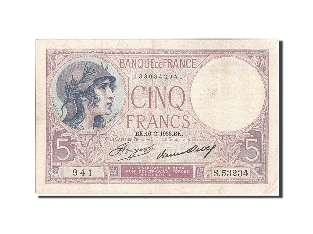 Geldschein, Frankreich, 5 Francs, 5 F 1917-1940 ''Violet'', 1933, 1933-02-16