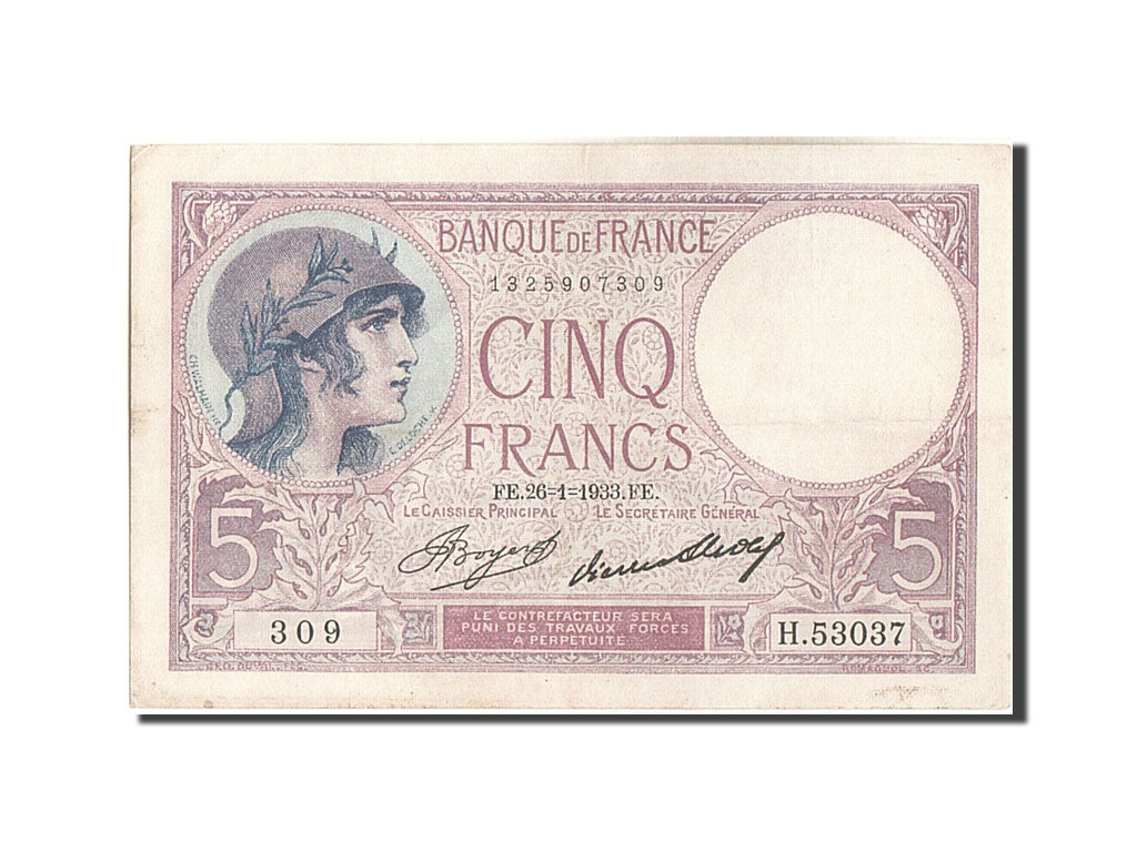Billete, Francia, 5 Francs, 5 F 1917-1940 ''Violet'', 1933, 1933-01-26, MBC