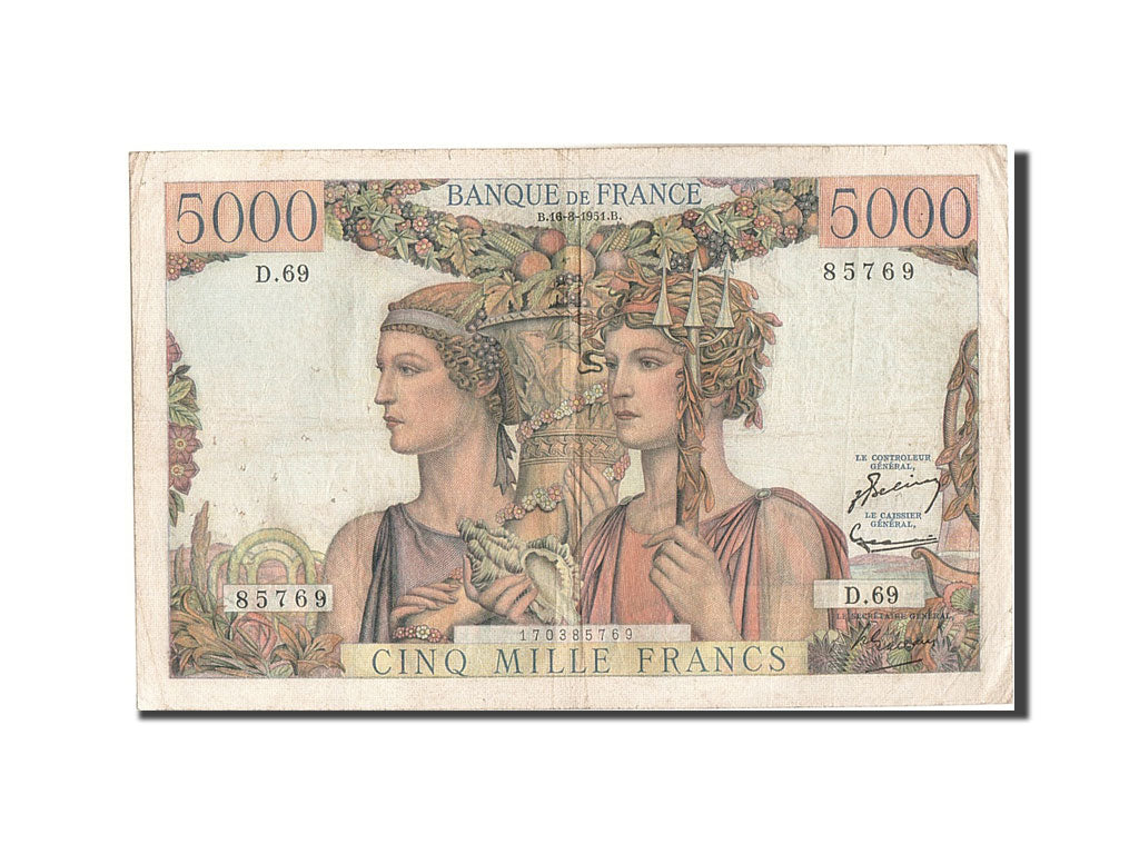 France, 5000 Francs, 5 000 F 1949-1957 ''Terre et Mer'', 1951, KM #131c,...