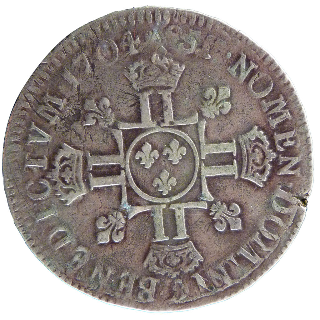 FRANCE, 1/2 Écu aux 8L 2e type, 1/2 Ecu, 1704, Lyons, VF(30-35), Silver, Gadoury