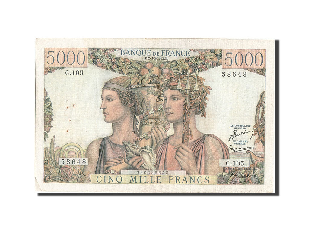 France, 5000 Francs, 5 000 F 1949-1957 ''Terre et Mer'', 1952, KM #131c,...