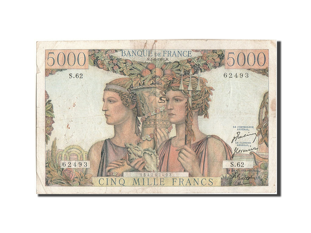 France, 5000 Francs, 5 000 F 1949-1957 ''Terre et Mer'', 1951, KM #131b,...