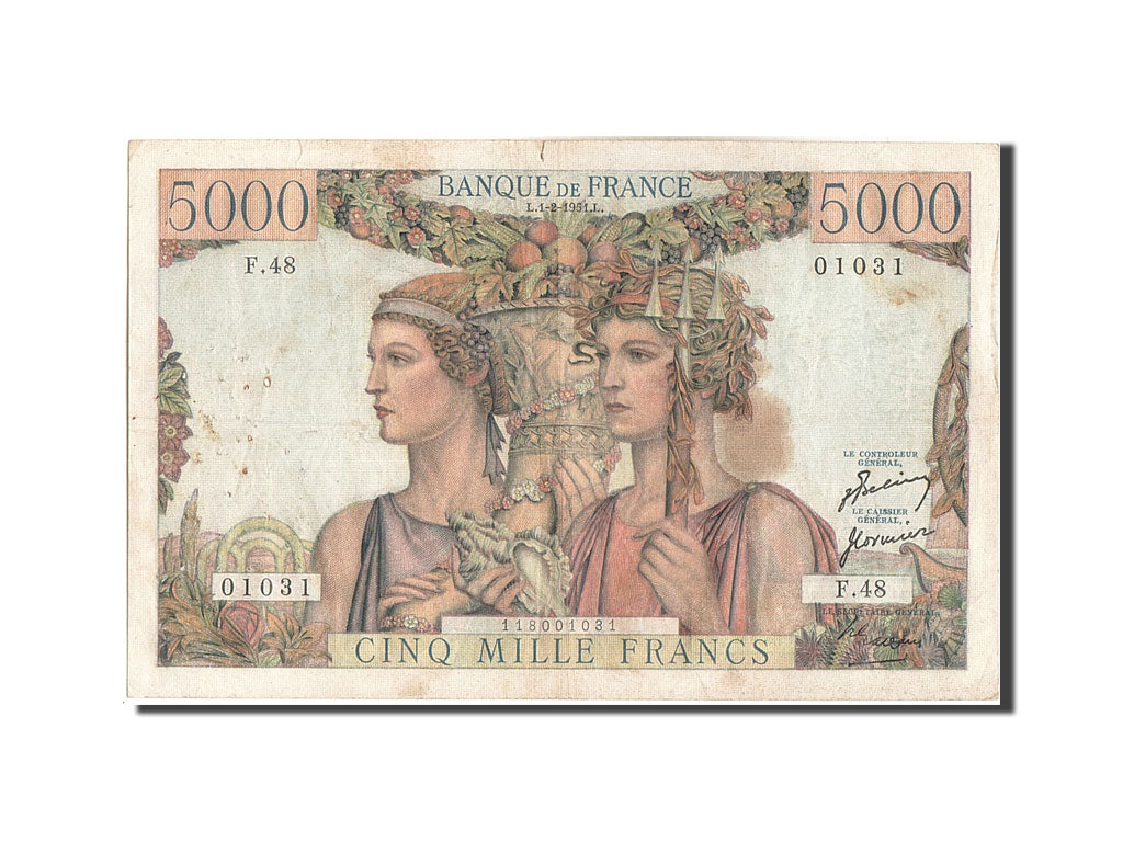 France, 5000 Francs, 5 000 F 1949-1957 ''Terre et Mer'', 1951, KM #131b,...