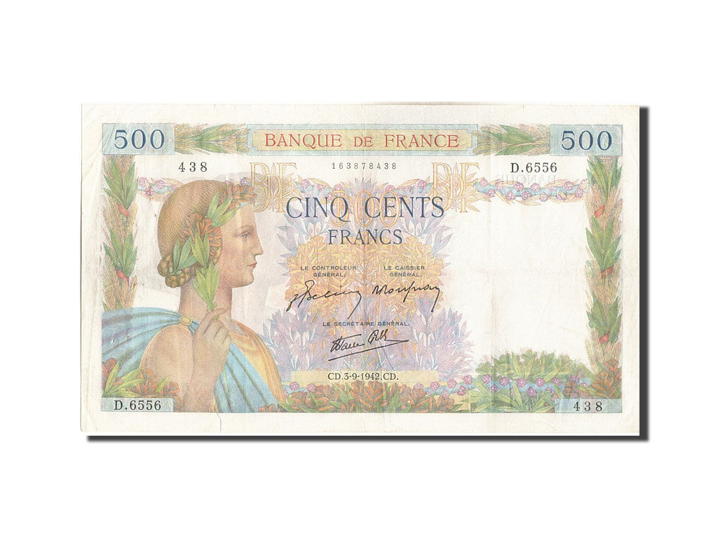 Geldschein, Frankreich, 500 Francs, 500 F 1940-1944 ''La Paix'', 1942