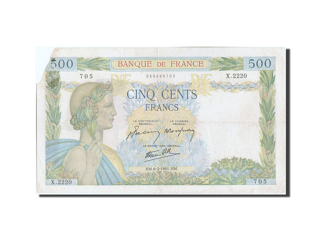 France, 500 Francs, 500 F 1940-1944 ''La Paix'', 1941, KM #95b, 1941-02-06,...