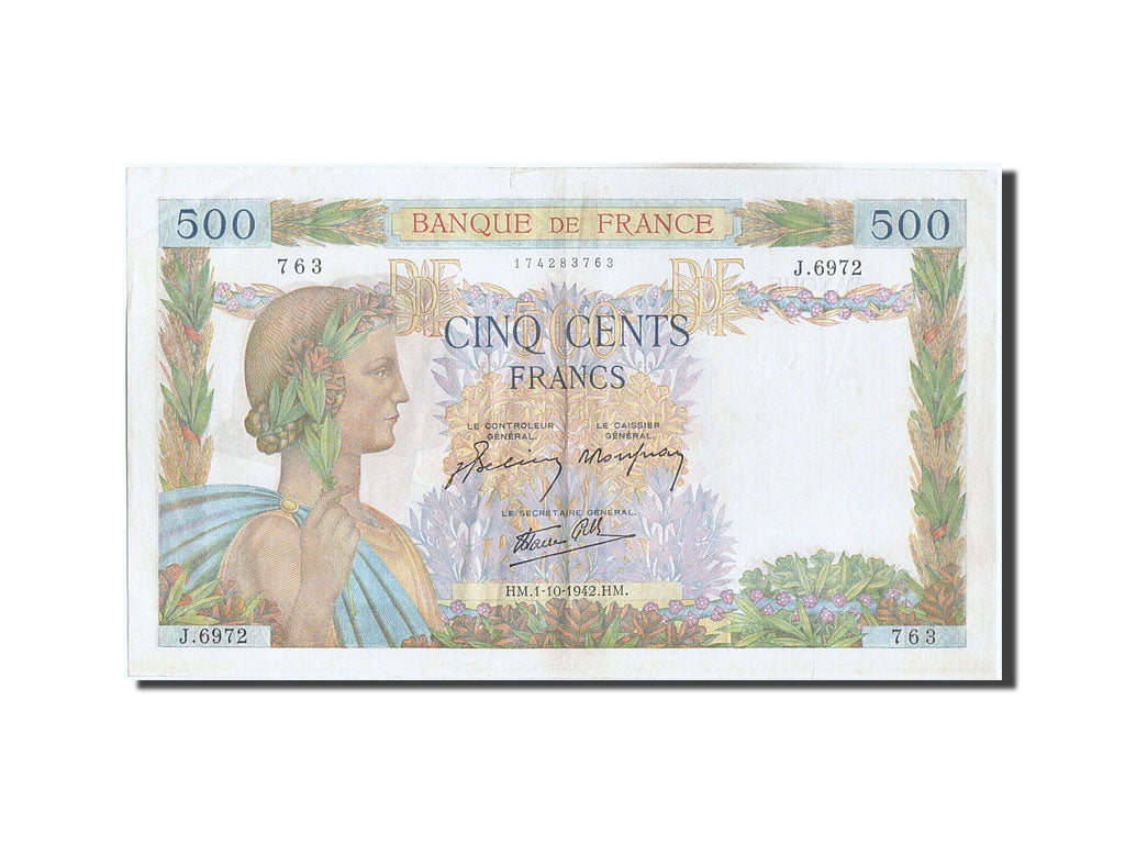 France, 500 Francs, 500 F 1940-1944 ''La Paix'', 1942, KM #95b, 1942-10-01,...