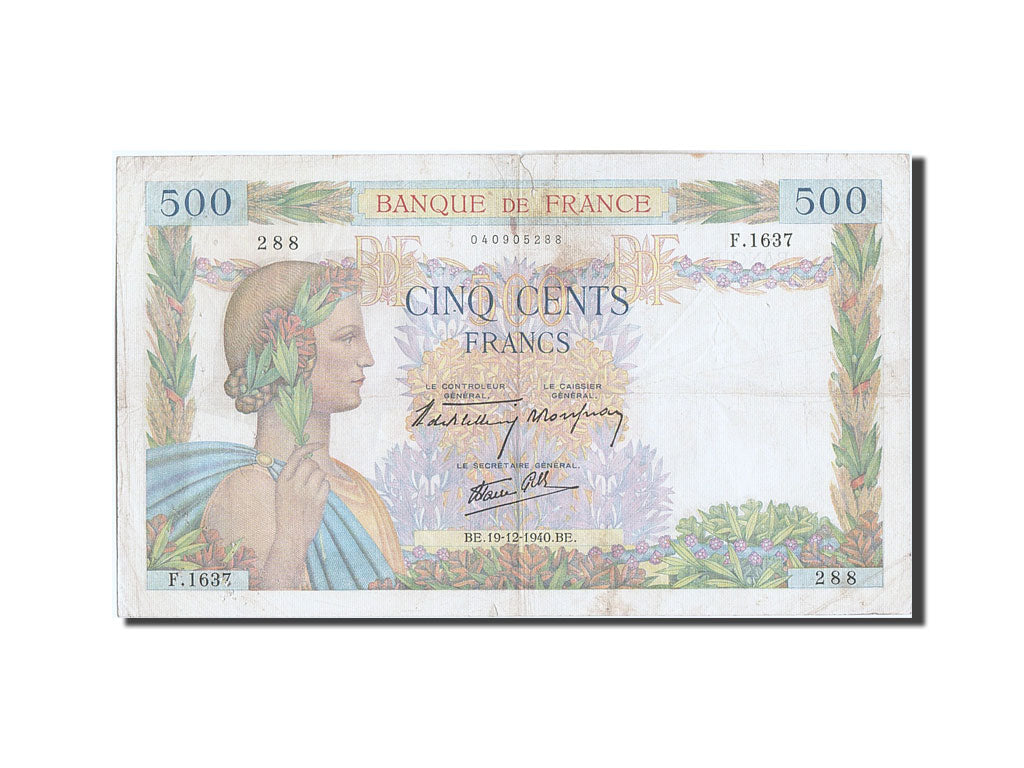 France, 500 Francs, 500 F 1940-1944 ''La Paix'', 1940, KM #95a, 1940-12-19,...