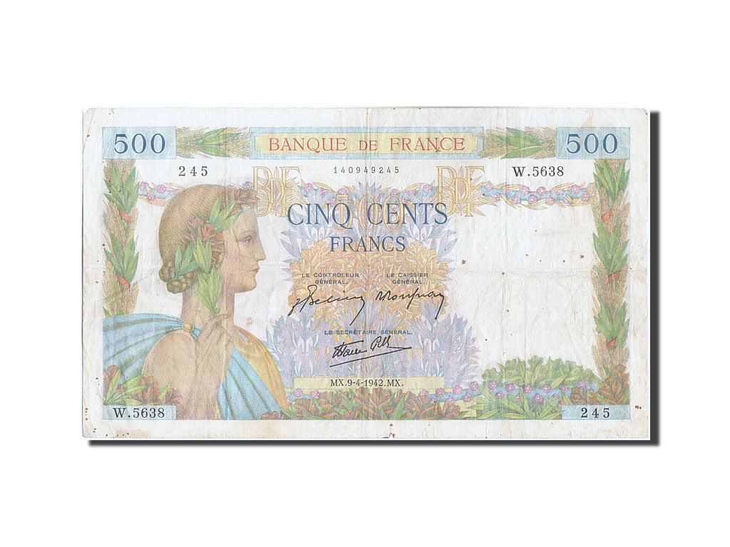 France, 500 Francs, 500 F 1940-1944 ''La Paix'', 1942, KM #95b, 1942-04-09,...