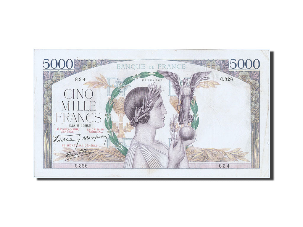 Geldschein, Frankreich, 5000 Francs, 5 000 F 1934-1944 ''Victoire'', 1939