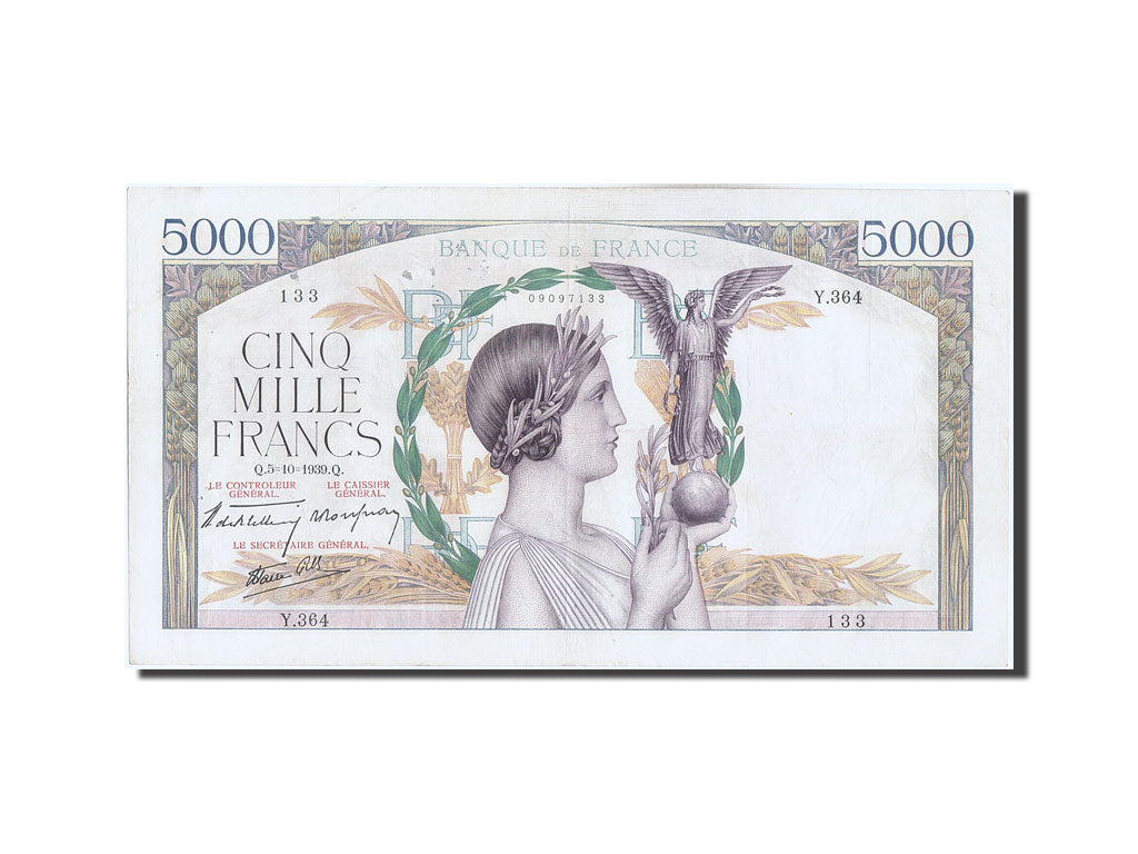 Geldschein, Frankreich, 5000 Francs, 5 000 F 1934-1944 ''Victoire'', 1939