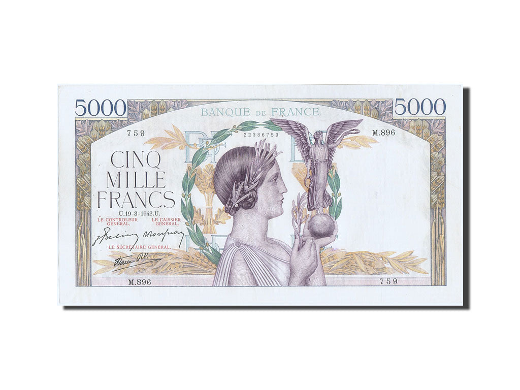 France, 5000 Francs, 5 000 F 1934-1944 ''Victoire'', 1942, KM #97c, 1942-03-19,.