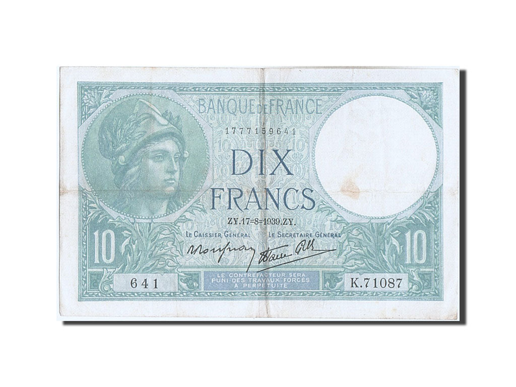 Banknote, France, 10 Francs, 10 F 1916-1942 ''Minerve'', 1939, VF(30-35)