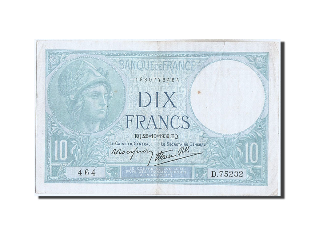 France, 10 Francs, 10 F 1916-1942 ''Minerve'', 1939, KM #84, 1939-10-26,...