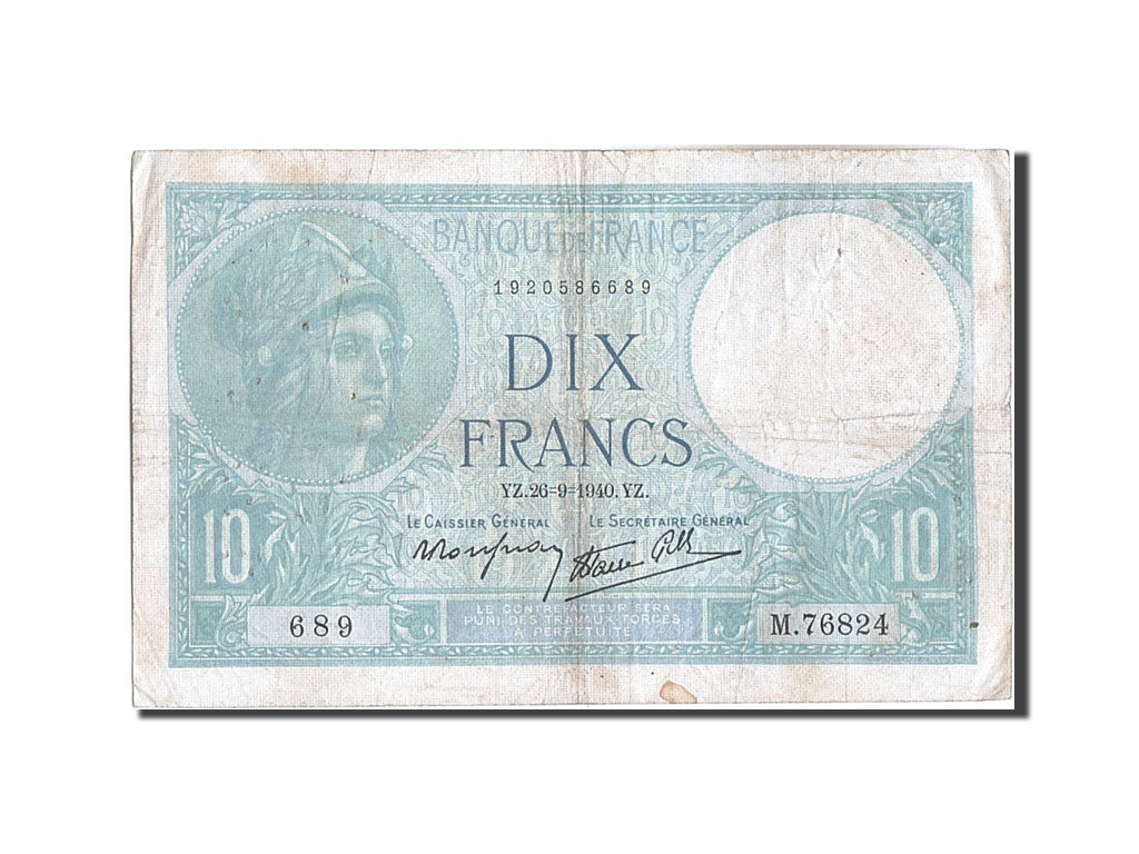 Biljet, Frankrijk, 10 Francs, 10 F 1916-1942 ''Minerve'', 1940, 1940-09-26, TB