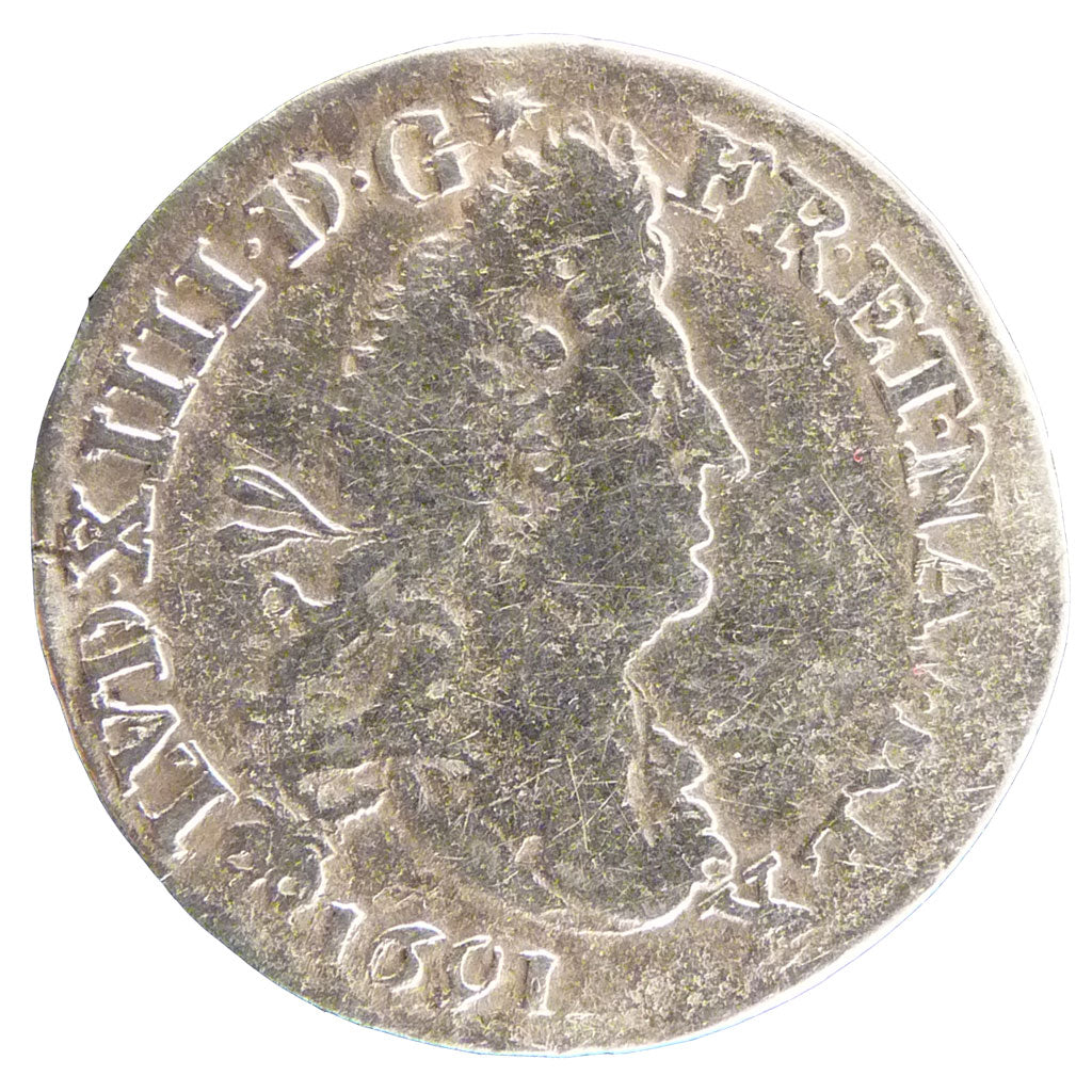 FRANCE, 4 Sols aux 2 L, 4 Sols, 1691, Bourges, VF(30-35), Silver, Gadoury #106,.