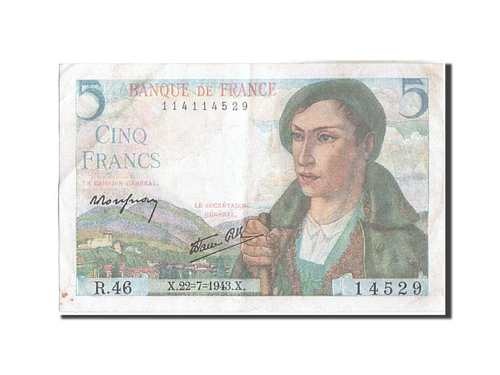 France, 5 Francs, 5 F 1943-1947 ''Berger'', 1943, KM #98a, 1943-07-22,...