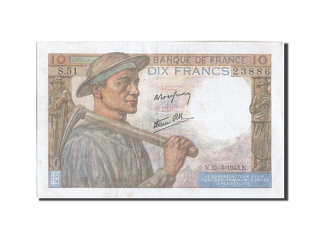 France, 10 Francs, 10 F 1941-1949 ''Mineur'', 1943, KM #99e, 1943-03-25,...