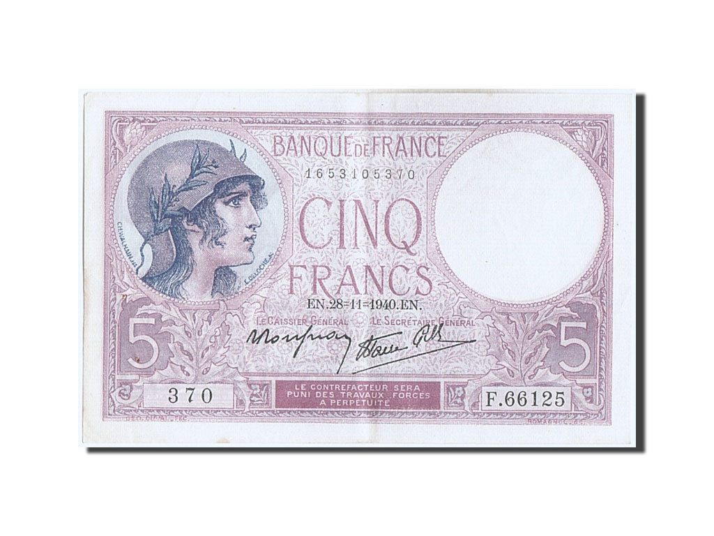 France, 5 Francs, 5 F 1917-1940 ''Violet'', 1940, KM #83, 1940-11-28,...