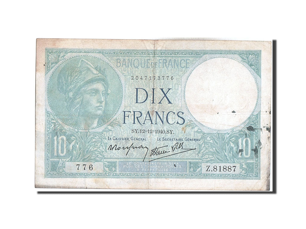 Biljet, Frankrijk, 10 Francs, 10 F 1916-1942 ''Minerve'', 1940, 1940-12-12, TB