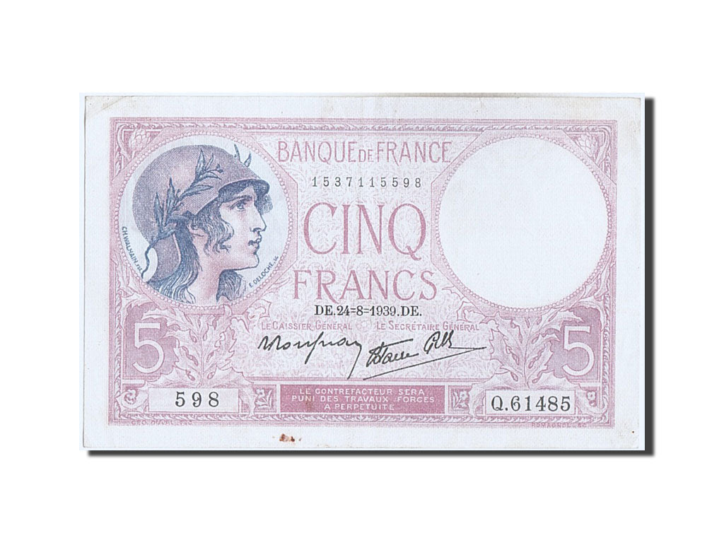 Banknote, France, 5 Francs, 5 F 1917-1940 ''Violet'', 1939, AU(50-53)