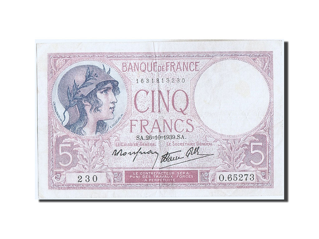 France, 5 Francs, 5 F 1917-1940 ''Violet'', 1939, KM #83, 1939-10-26,...