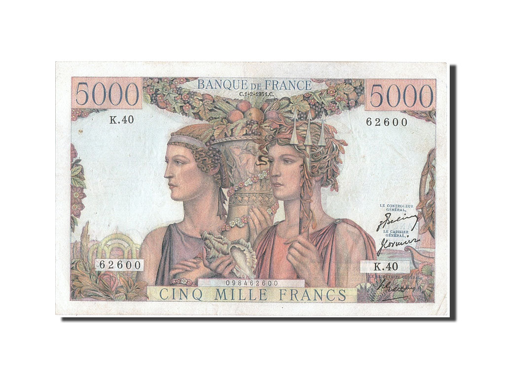 France, 5000 Francs, 5 000 F 1949-1957 ''Terre et Mer'', 1951, KM #131b,...