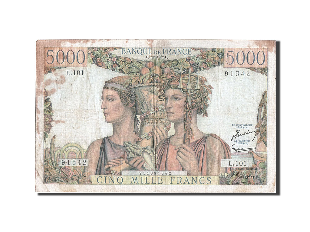 France, 5000 Francs, 5 000 F 1949-1957 ''Terre et Mer'', 1952, KM #131c,...