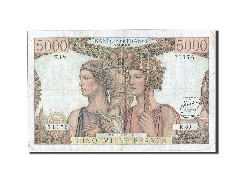 France, 5000 Francs, 5 000 F 1949-1957 ''Terre et Mer'', 1952, KM #131c,...