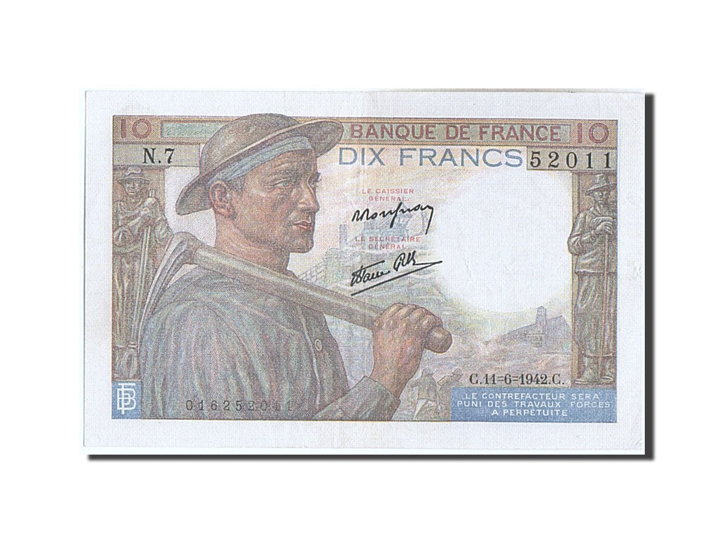 Banknote, France, 10 Francs, 10 F 1941-1949 ''Mineur'', 1942, 1942-06-11
