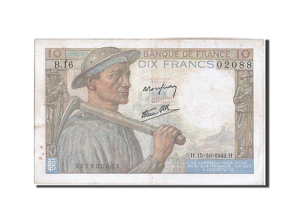 Geldschein, Frankreich, 10 Francs, 10 F 1941-1949 ''Mineur'', 1942, 1942-10-15