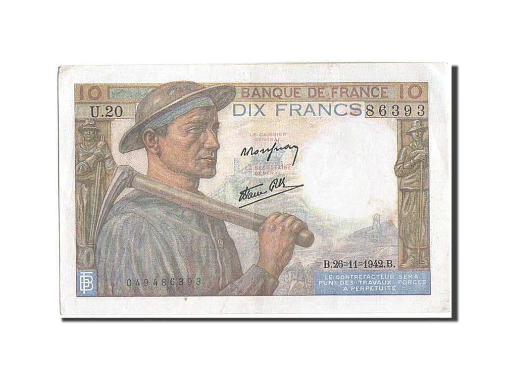 France, 10 Francs, 10 F 1941-1949 ''Mineur'', 1942, KM #99e, 1942-11-26,...