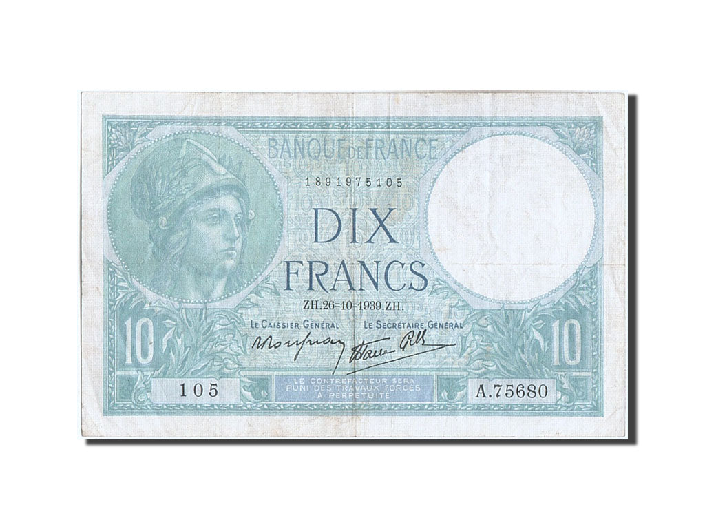 Banknot, Francja, 10 Francs, Minerve, 1939, 1939-10-26, EF(40-45), Fayette:7.13