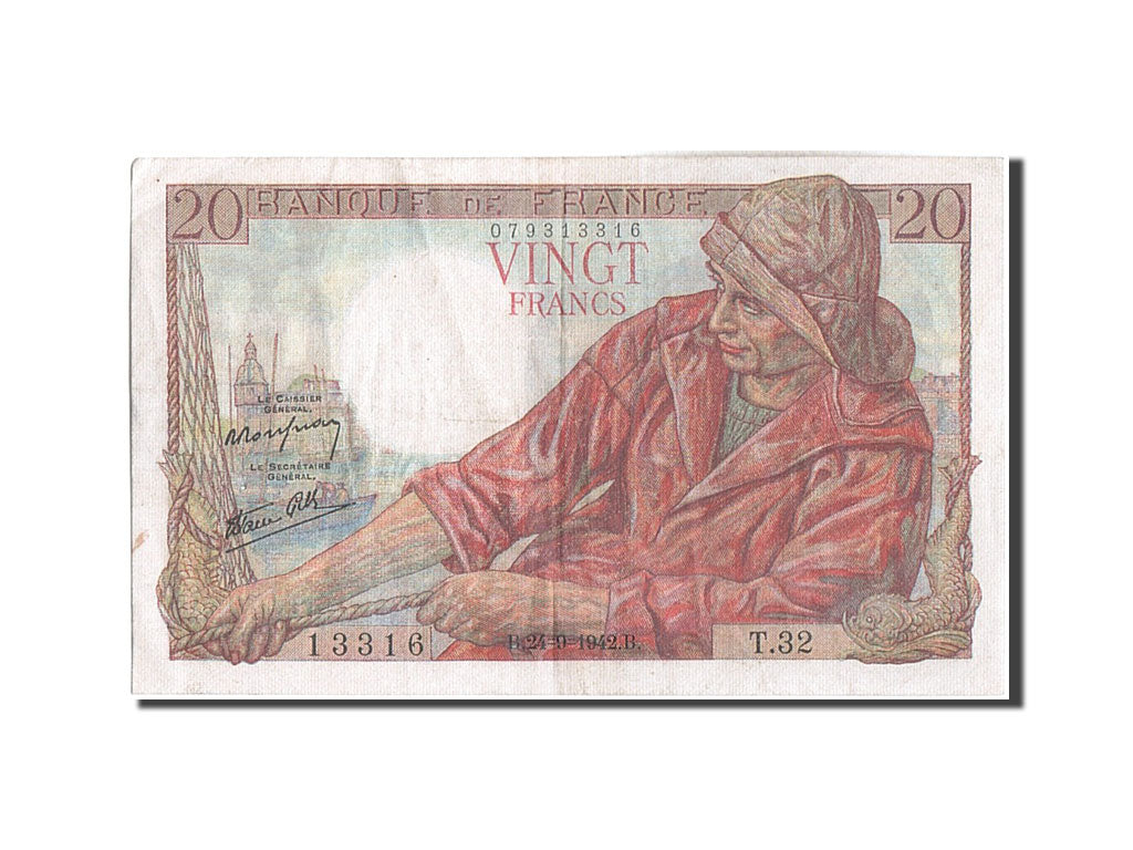France, 20 Francs, 20 F 1942-1950 ''Pêcheur'', 1942, KM #100a, 1942-09-24, V...