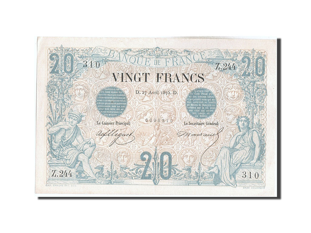 Banknote, France, 20 Francs, 20 F 1874-1905 ''Noir'', 1875, 1875-04-27