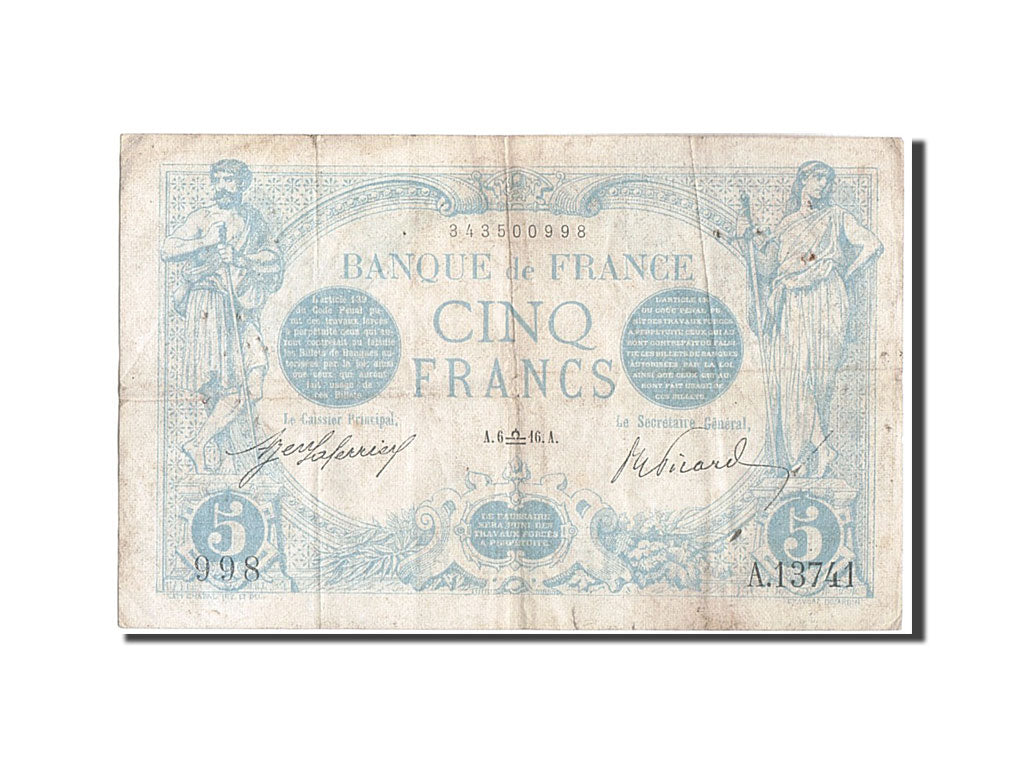 Banknote, France, 5 Francs, 5 F 1912-1917 ''Bleu'', 1916, 1916-09-06, VF(20-25)