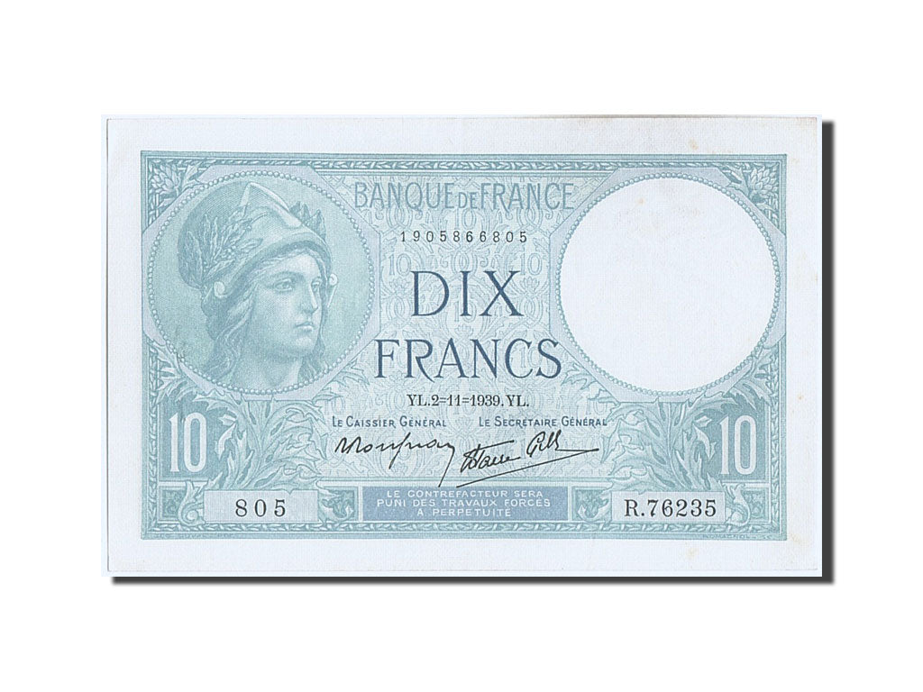 France, 10 Francs, 10 F 1916-1942 ''Minerve'', 1939, KM #84, 1939-11-02,...