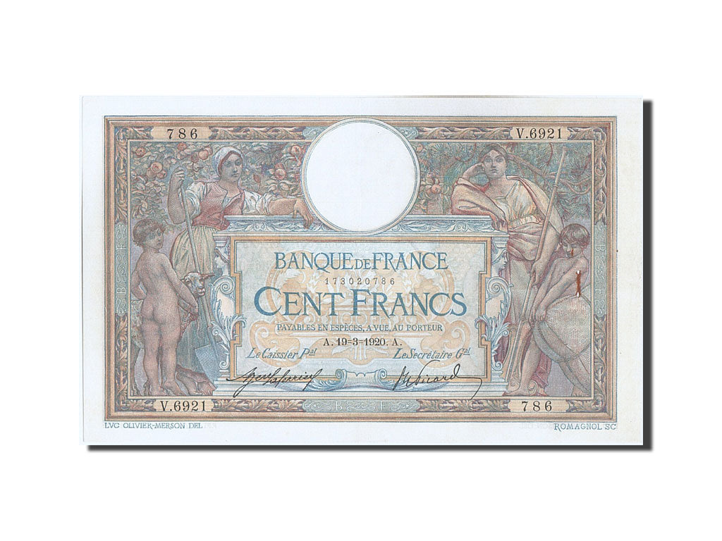 France, 100 Francs, 100 F 1908-1939 ''Luc Olivier Merson'', 1920, KM #71a,...